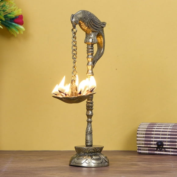 Decorative Handcrafted Parrot Showpiece Brass Diya Stand With 7 Wicks, Golden & Brown