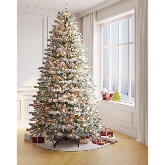 OasisCraft 7.5ft Snow Flocked Pre-lit Christmas Tree, Artificial Christmas Tree with 350 Warm White Lights, Full Xmas Snowy Tree for Indoors and Outdoors