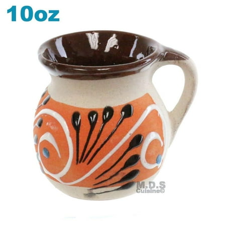 Hand Painted Chocolates - Taza Mug de Barro 10 Oz Colorful Festive Hand Painted Traditional Mexican Artisan Artezenia Ponchero Champurrado Hot Chocolate Tepache (Brown, Orange)