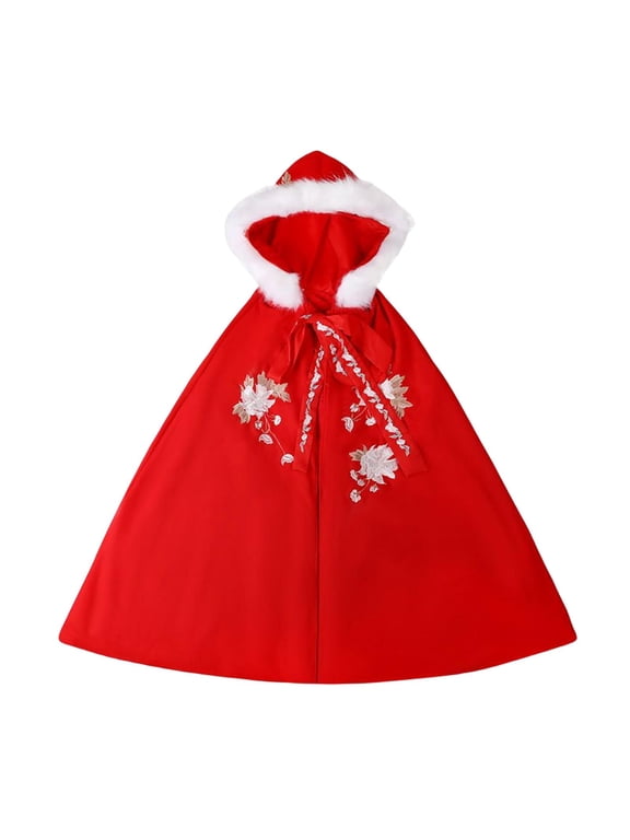 Women Cape Chinese Style Hanfu Cloak Poncho Floral Embroidery Jacket Red
