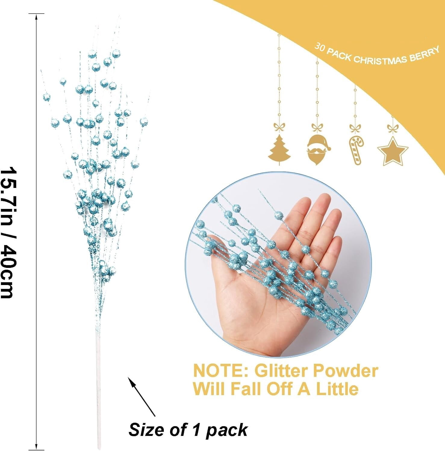 30 Pack Artificial Glitter Berry Stem Ornaments 15.7in Decorative Christmas Picks Glittery Bead Sticks Branches for Christmas Tree Decor DIY Wreath Crafts Home Decor (Lake Blue)
