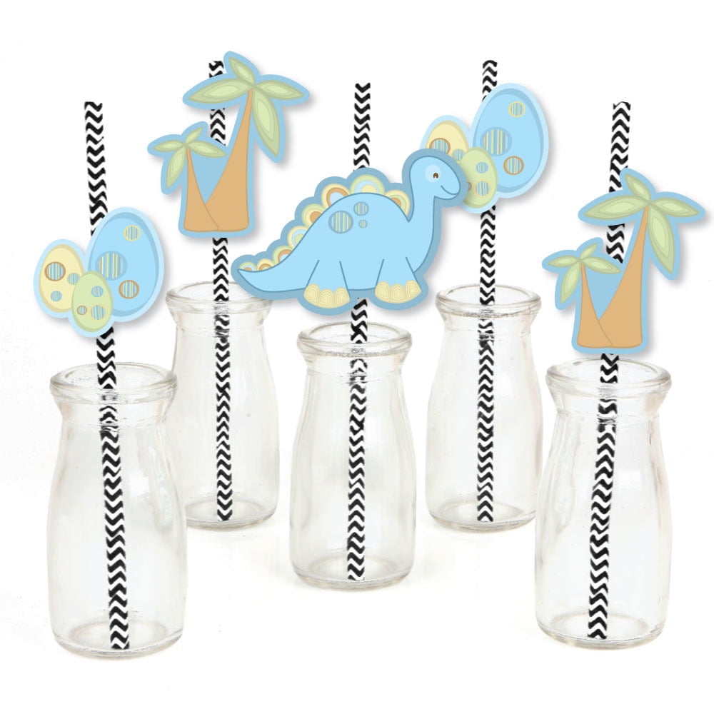 Baby Boy Dinosaur Paper Straw Decor - Baby Shower Striped Decorative Straws - Set of 24