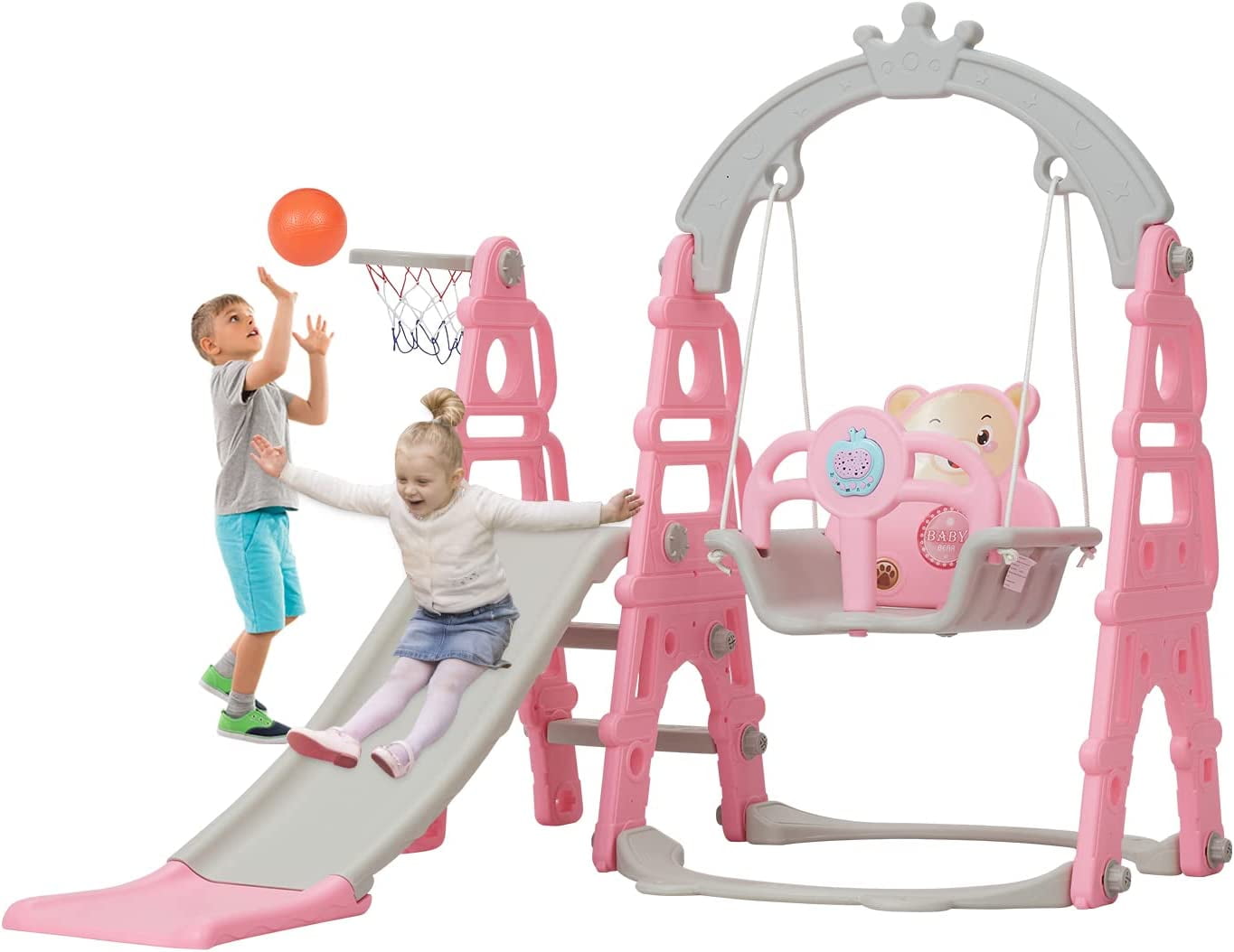 Kids Swing and Slide Set w/ Basketball Hoop & Music Player Kids Fun Slide Set for Indoor and Outdoors Playground Play Set Shark, Blue Musci Giraffe Pink 