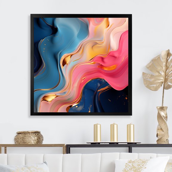 Designart "Abstraction of Pink and Gold Liquid Ink I" Abstract Framed Wall Art Decor - Modern Pink Abstract Liquid Ink Living Room Framed Canvas Art