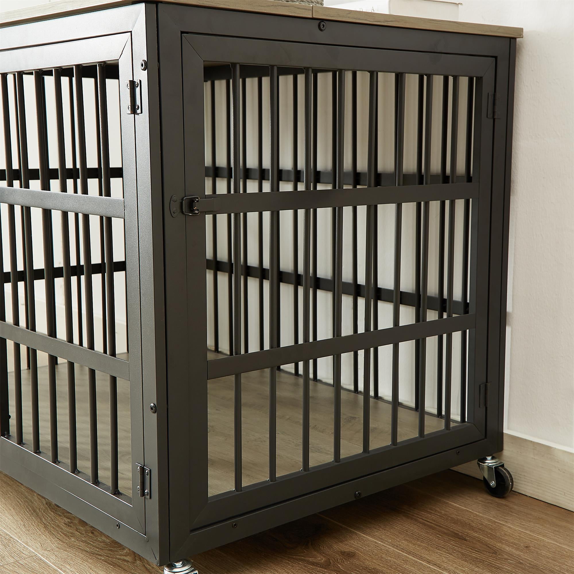 Pefilos 43" Heavy Duty Dog Crate for Small Dogs, Furniture Style Dog House with Wheels, Indoor Dog Cage Wrought Iron Frame Door with Side Openings, Gray Pefilos 43" Heavy Duty Dog Crate for Small Dogs, Furniture Style Dog House with Wheels, Indoor Dog Cage Wrought Iron Frame Door with Side Openings, Gray