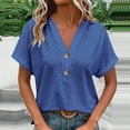 thumbnail image 2 of JSheng Women's Casual V-neck Top Fashion Solid Color Button Short Sleeved Loose Versatile T-shirt Tops Blue XXXL, 2 of 5