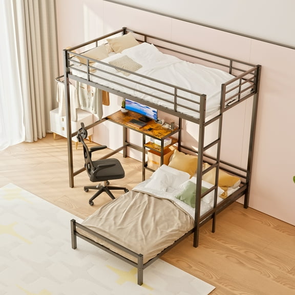 Jopath Twin over Twin Bunk Bed with L-Shaped Bunk Bed,Metal Bed Frame with Desk Station,Storage Shelves and Drawers,Metal Loft Bed with Safety Guardrail and Ladder for Teen,Black