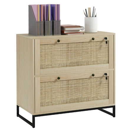 Vinsetto 2 Drawer File Cabinet with Lock, Vertical Filing Cabinet with Keys, Rattan Drawers and Adjustable Hanging Bar for Letter, A4 and Legal Size Paper, Natural