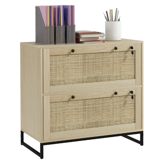 Vinsetto 2 Drawer File Cabinet with Lock, Vertical Filing Cabinet with Keys, Rattan Drawers and Adjustable Hanging Bar for Letter, A4 and Legal Size Paper, Natural