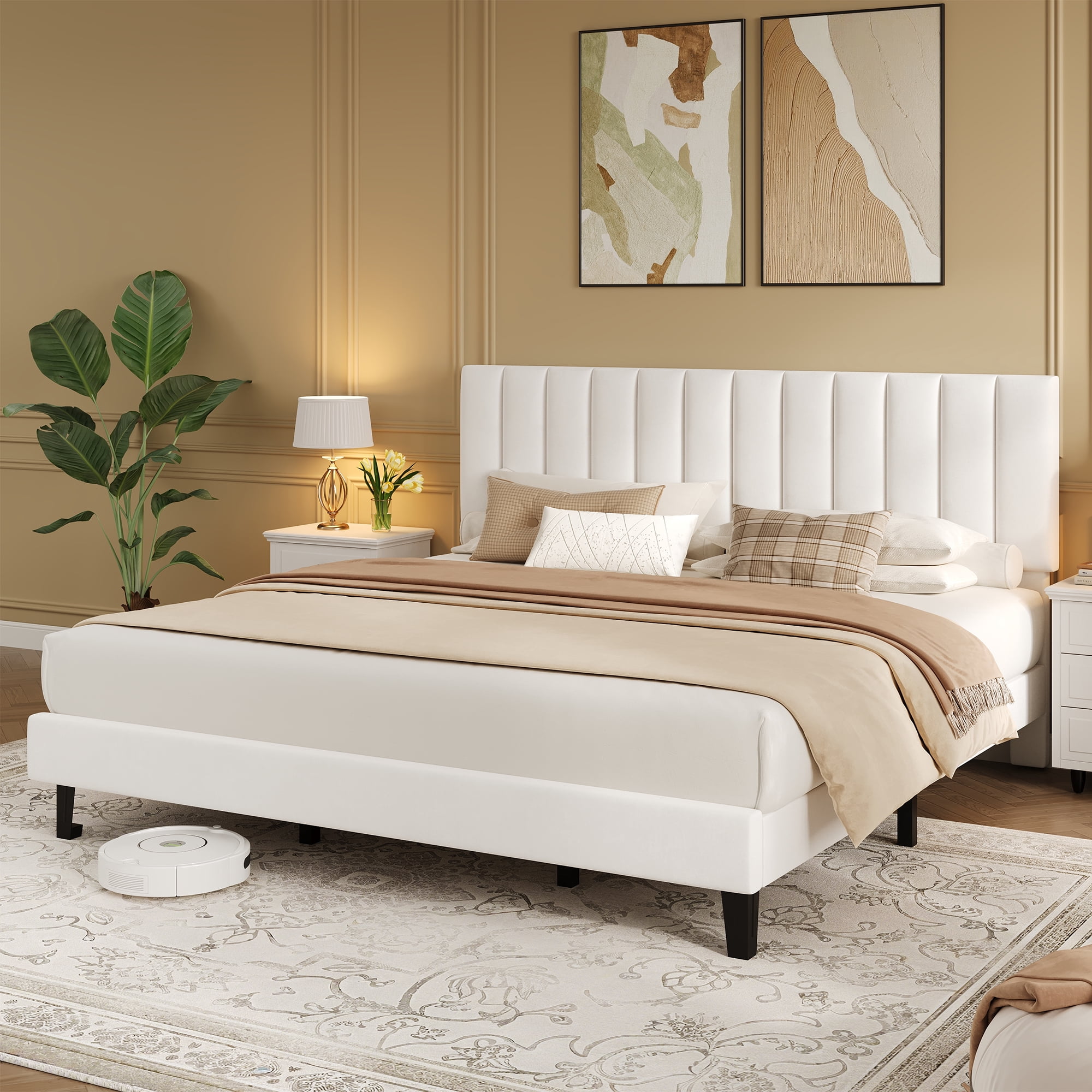 King  Bed Frame with Adjustable Headboard, Velvet Upholstered Platform Bed Frame King Size, Strong Wooden Slats, No Box Spring Needed, Easy Assembly, White