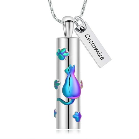 Personalize Stainless Steel Cat Print Cylinder Urn Pendant Pet Memorial Cremation Jewelry for Ashes Keepskae Memory Necklace
