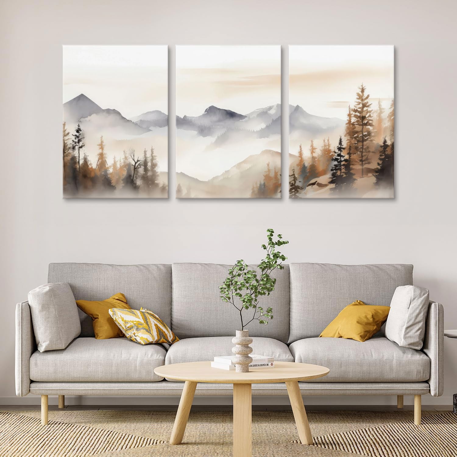 Mountain Wall Art,Mountain Wall Decor,Neutral Landscape Canvas Wall Art, Forest Painting Prints Set of 3 Nature Watercolor Picture Poster for Living Room Bedroom Bathroom 12"x16" Framed