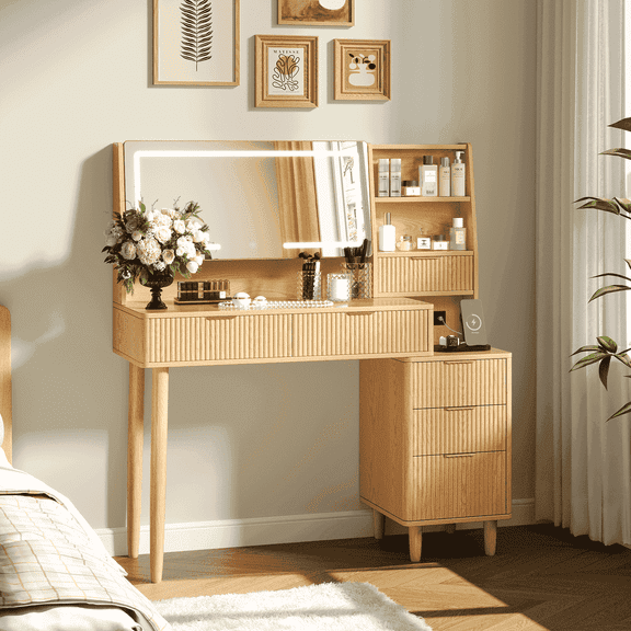 UGTOO 45.2" Modern Vanity Desk with LED Mirror & USB Charging, Wood Makeup Dressing Table with 7 Drawers for Bedroom