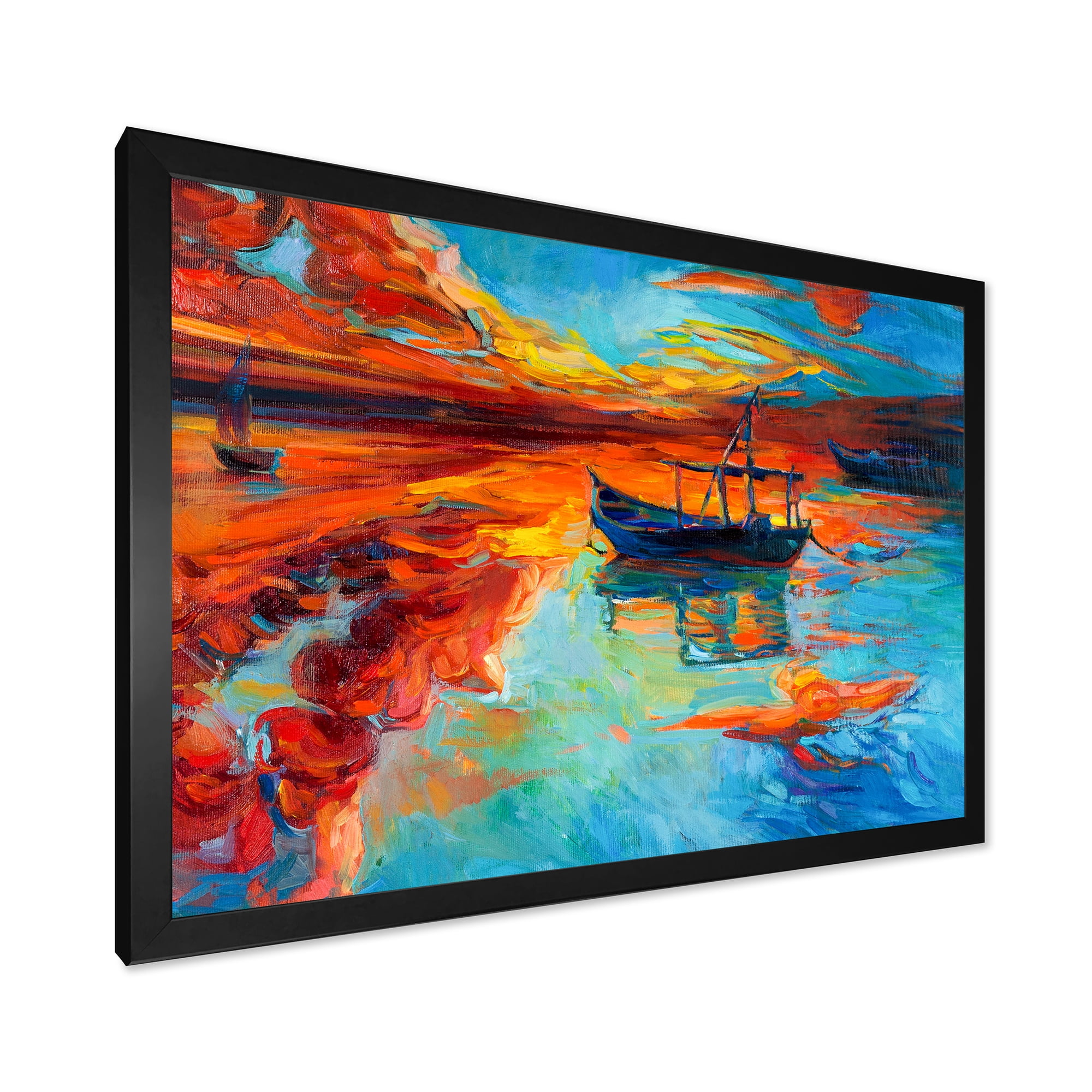 Boat At The Lake During Evening Glow IV 20 in x 12 in Framed Painting Canvas Art Print, by Designart