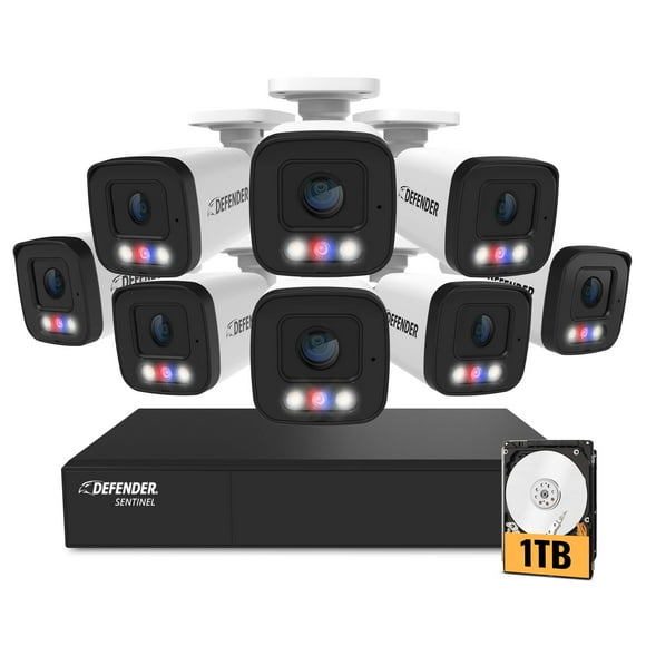 AI POWERED Defender Sentinel 4K Wired PoE Security Camera System with 1TB 8Ch NVR, 8 Outdoor Surveillance Metal 8MP/4K Cameras, SMART AI Human Detection, Blue-Red Flashing Deterrence, Mobile App