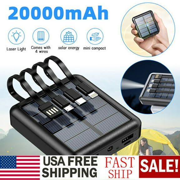 MDHAND Mini Solar Portable Charger 20000mAh Solar Power Bank with Built in 4 Cables,USB C Input/Output, Mini Battery Portable Charger Power Bank for iPhone,Ipad,Tablet
