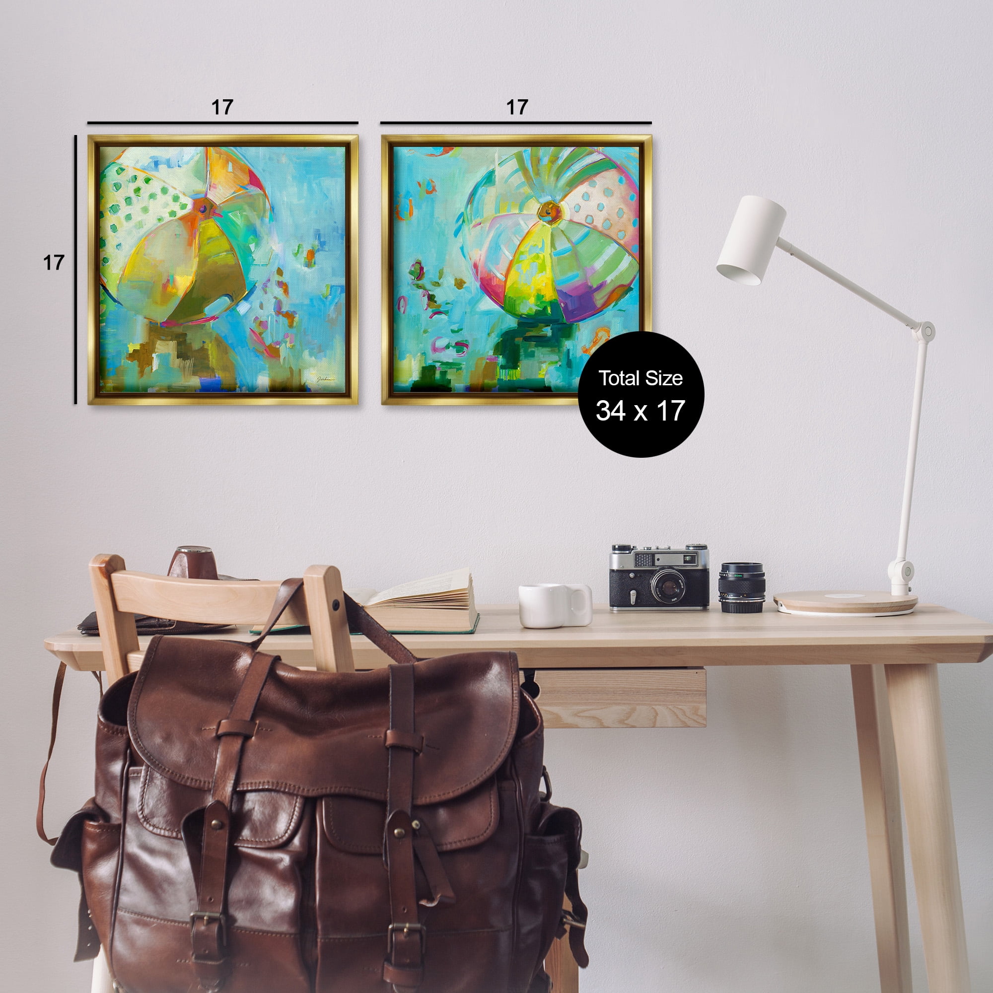 Stupell Industries Abstract Beach Balls Abstract Painting Gold Floater Framed Canvas Art Print Wall Art, 18 x 18, Set of 2