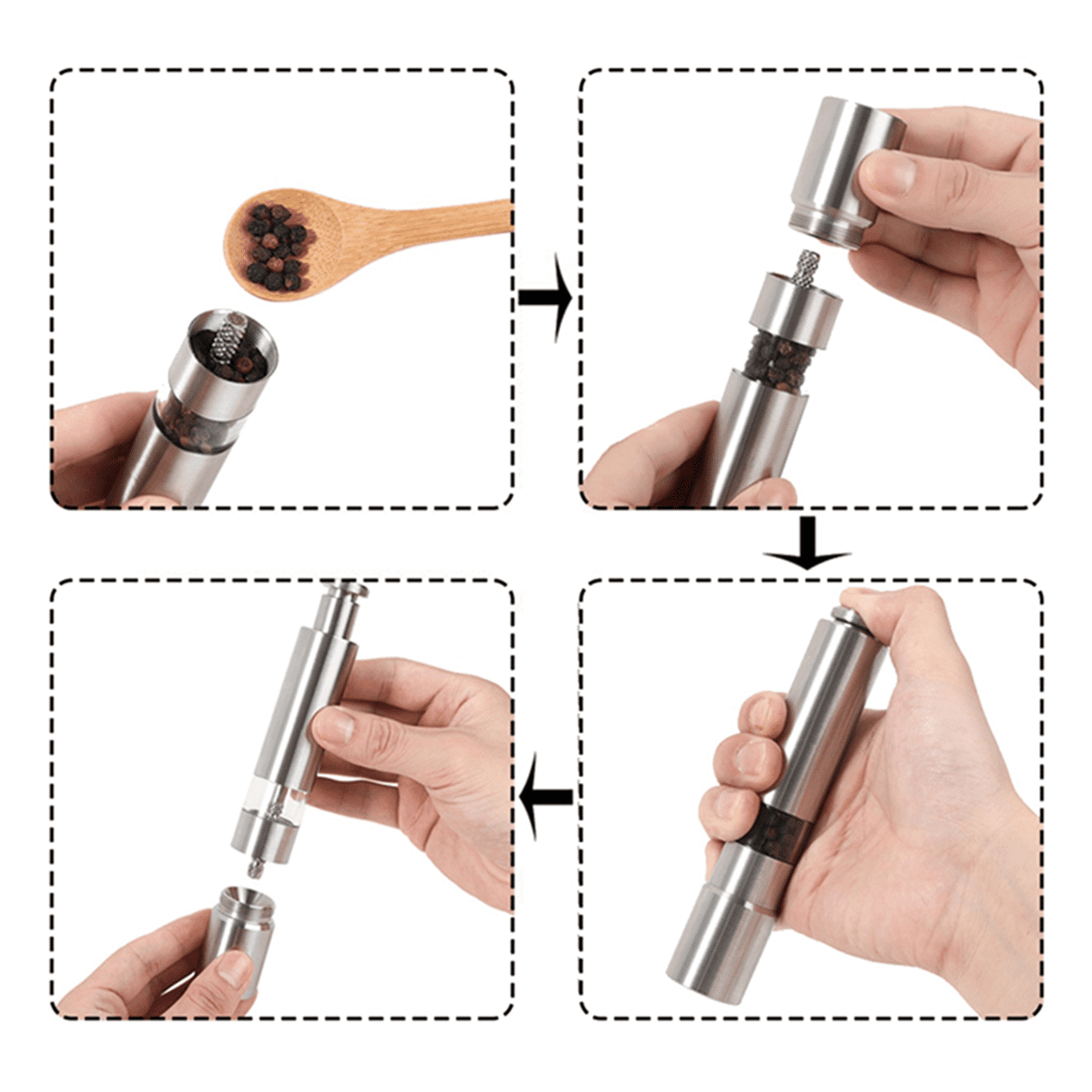2X Manual Salt and Pepper Grinder Set Thumb Push Pepper Mill Stainless Steel Spice Sauce Grinders with Metal Holder