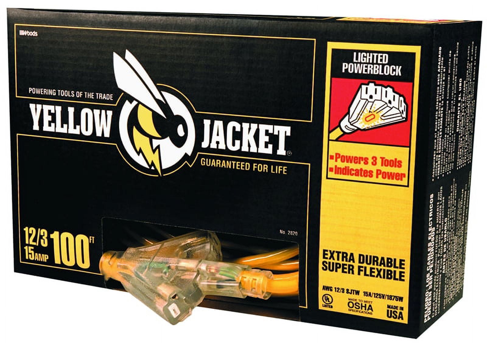 Yellow Jacket 2820 12/3 Heavy-Duty Extension Cord with Lighted Power Block