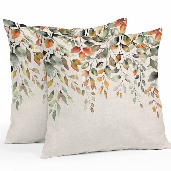 Throw Pillow Covers 20x20 Inch Set of 2, Orange Green Eucalyptus Leaves Waterproof Outdoor Pillow Covers, Fall Botanical Rustic Decorative Cushion Pillowcases for Couch, Sofa, Bed, Garden, Patio