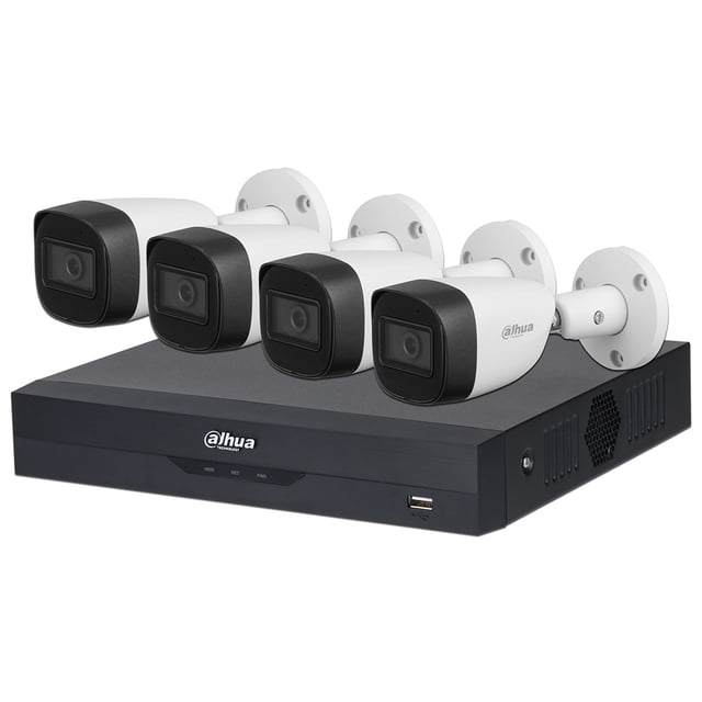 Kit de Videovigilancia Dahua KITXVR5104HS con 1 DVR , 4 Cámaras, 4 rollos de cable siamés, 1 Fuente de poder Dahua Technology DH-KIT/XVR5104HS-4KL-I3/4-HFW1500CMN-A-0280B-S2