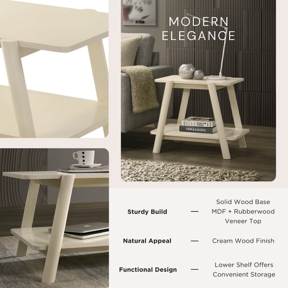 Mid-Century Modern Wood Shelf End Table with Storage, Off-White Finish for Living Room, Bedroom, Small Space Nightstand