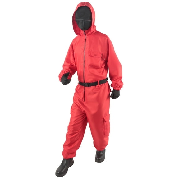 HPO Adult Unisex Red Polyester Jumpsuit Costume Set with Face Shield, Gloves, and Belt – XS