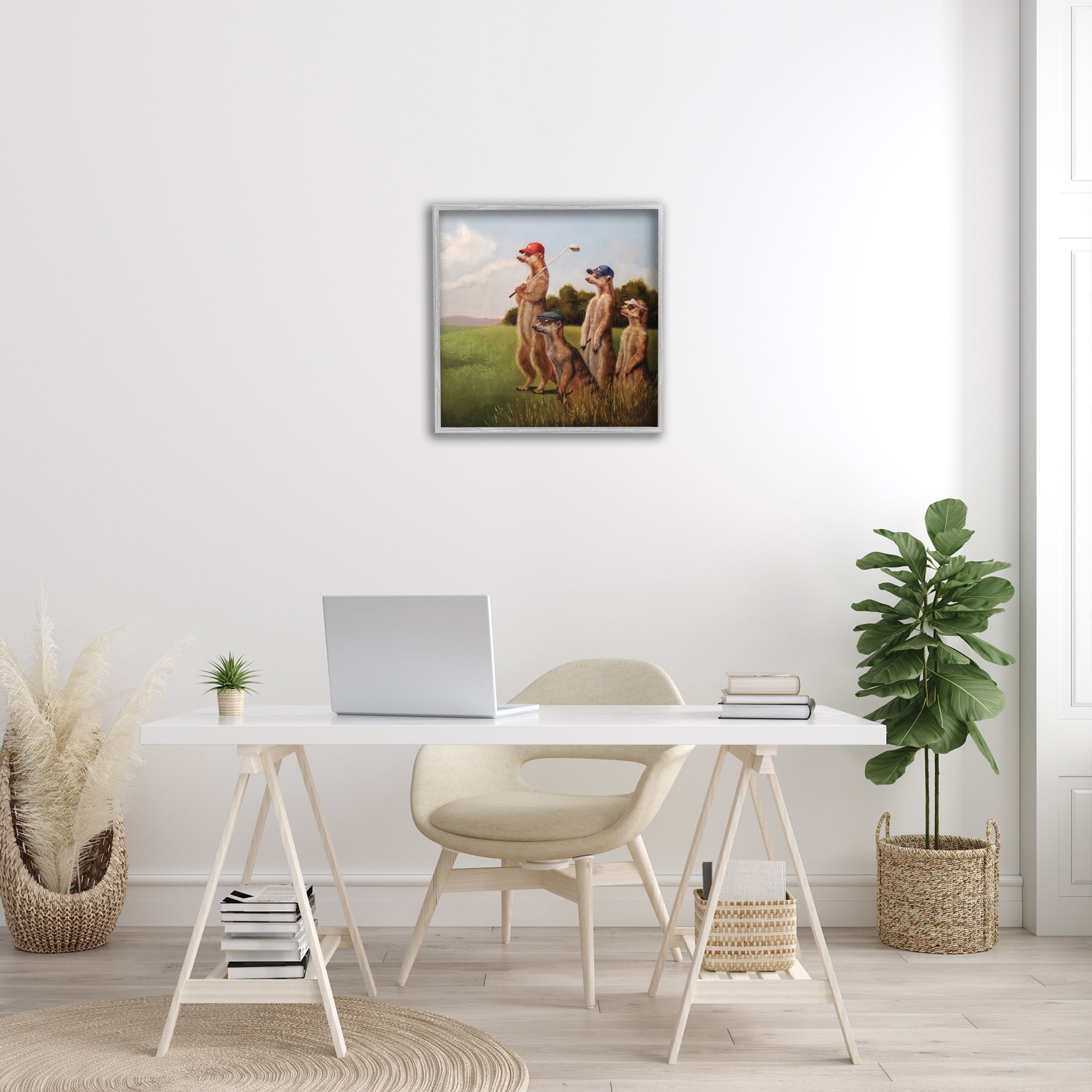 Stupell Industries Meerkats Playing Golf Animals & Insects Painting Gray Framed Art Print Wall Art, 24 x 24