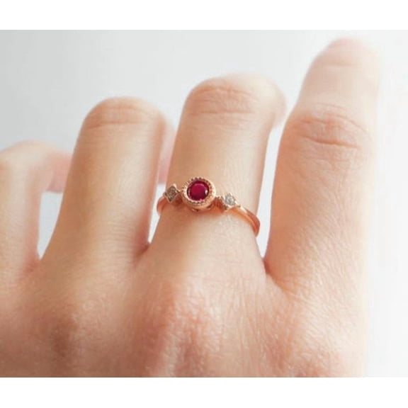 Diamond Ruby Solitaire Ring, Dainty Ruby Ring, 925 Silver Engagement Ring, Birthstone Ring,Halo Handmade Jewelry Wedding Ring Gift For Women