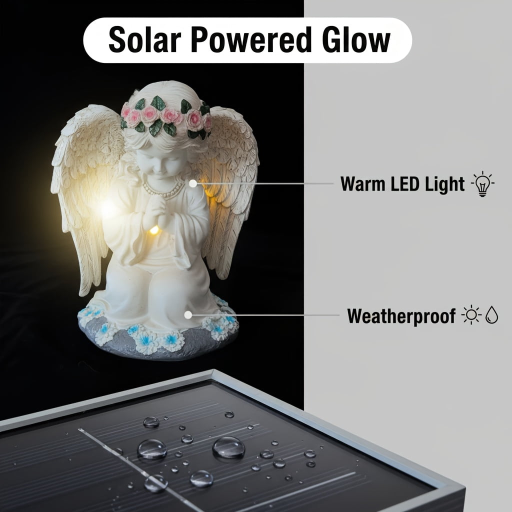 Solar Angel Garden Statue Outdoor Decor Figurine Light, Resin Flower Sculptures With LED Lights, Art Housewarming Ornament Gift