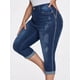 thumbnail image 5 of Pantalones vaqueros recortados para mujer, informales, de verano, con dobladillo rasgado, tiro medio #1, azul oscuro, mediano, 5 of 5
