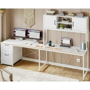 SEDETA White L Shaped Office Desk, Farmhouse Home Office Desk with Fabric File Drawers and Power Outlet, Corner Gaming Desk with LED Lights, Hutch and Storage Shelves