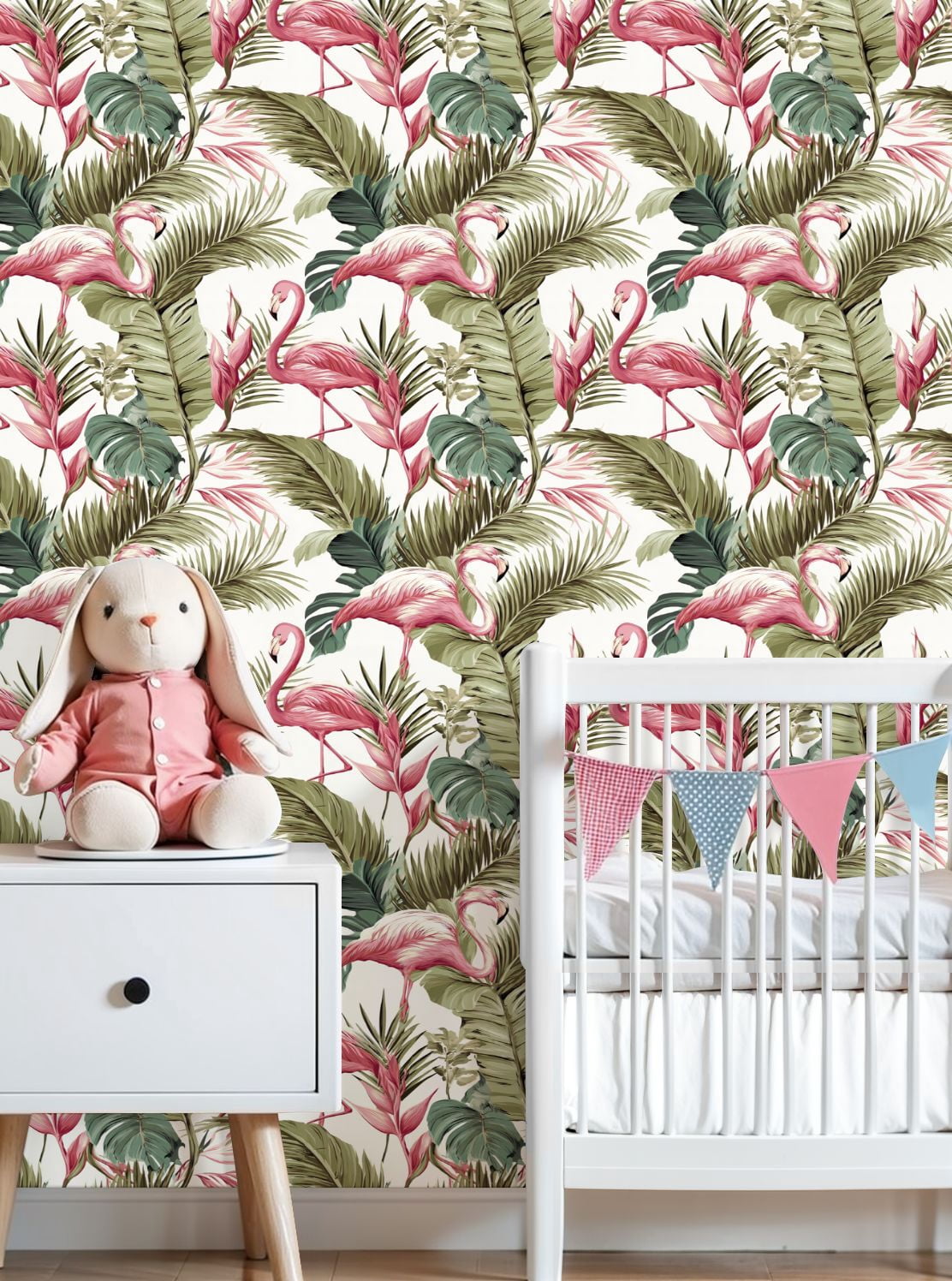 Vintage Peel and Stick Wallpaper Tropical Flamingo Palm Leaf Pink Green Foliage Wall Mural 23.6in x 9.8ft Self Adhesive Removable Wall Paper Renter Friendly Wallpaper for Nursery Bedroom Cabinets