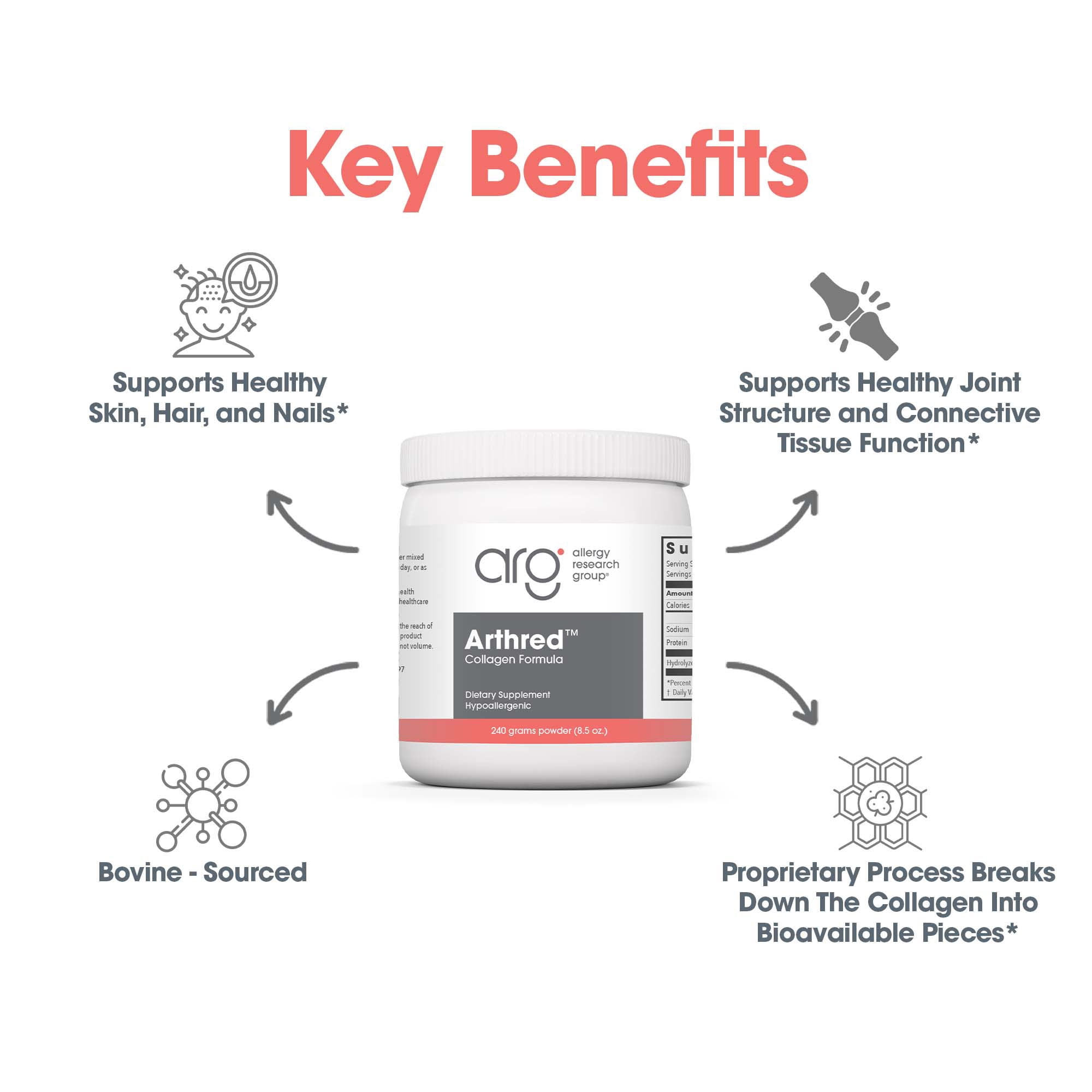 Allergy Research Group Arthred Supplement - Collagen Powder for Men & Women, 10.5g Collagen Peptides, Bovine Sourced, Arthred Powder, Collagen Formula, Hydrolyzed Collagen - 8.5 Oz