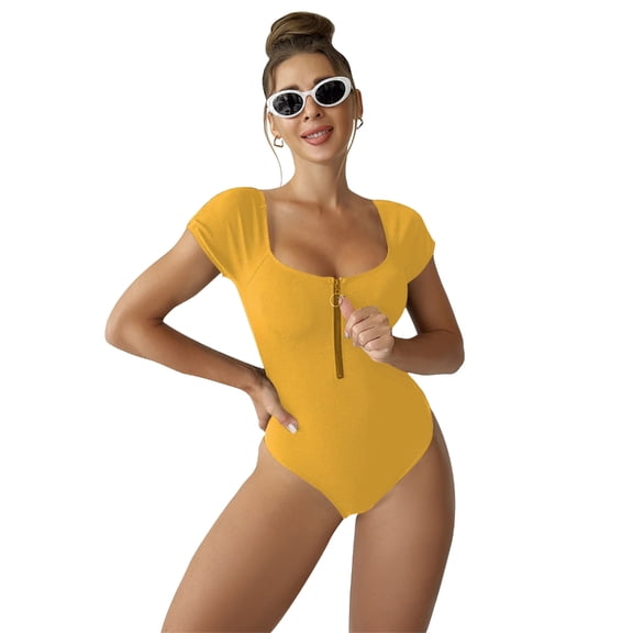 Jesscasday Womens Piece Swimsuit Zipper Front Short Sleeve Bathing Suit Swimwear Solid Color Padded Monokini Swimming Suit