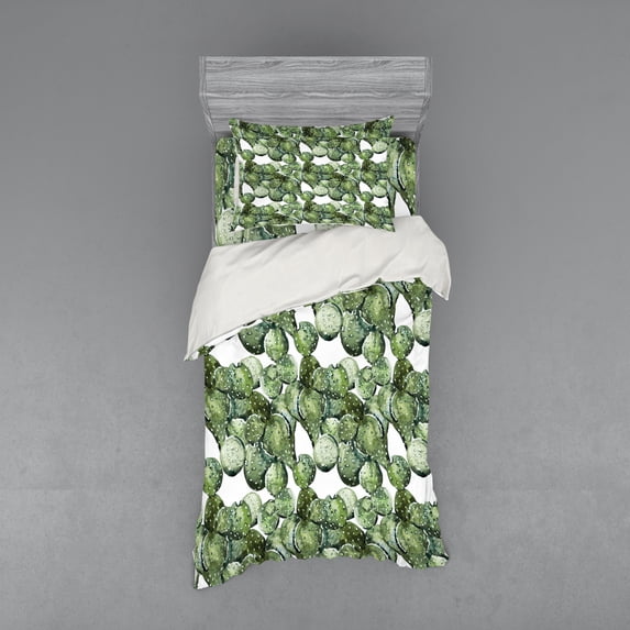 Ambesonne Cactus Bedding Set 3 Pcs, Opuntia Plant Watercolor, Twin, Green White