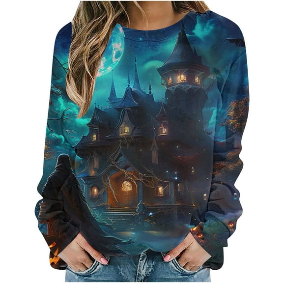 YUGYXL Funny Pumpkin Print Sweatshirts for Women Halloween Witch Bat Graphic Sweater Long Sleeve Round Neck Pullovers Blue M
