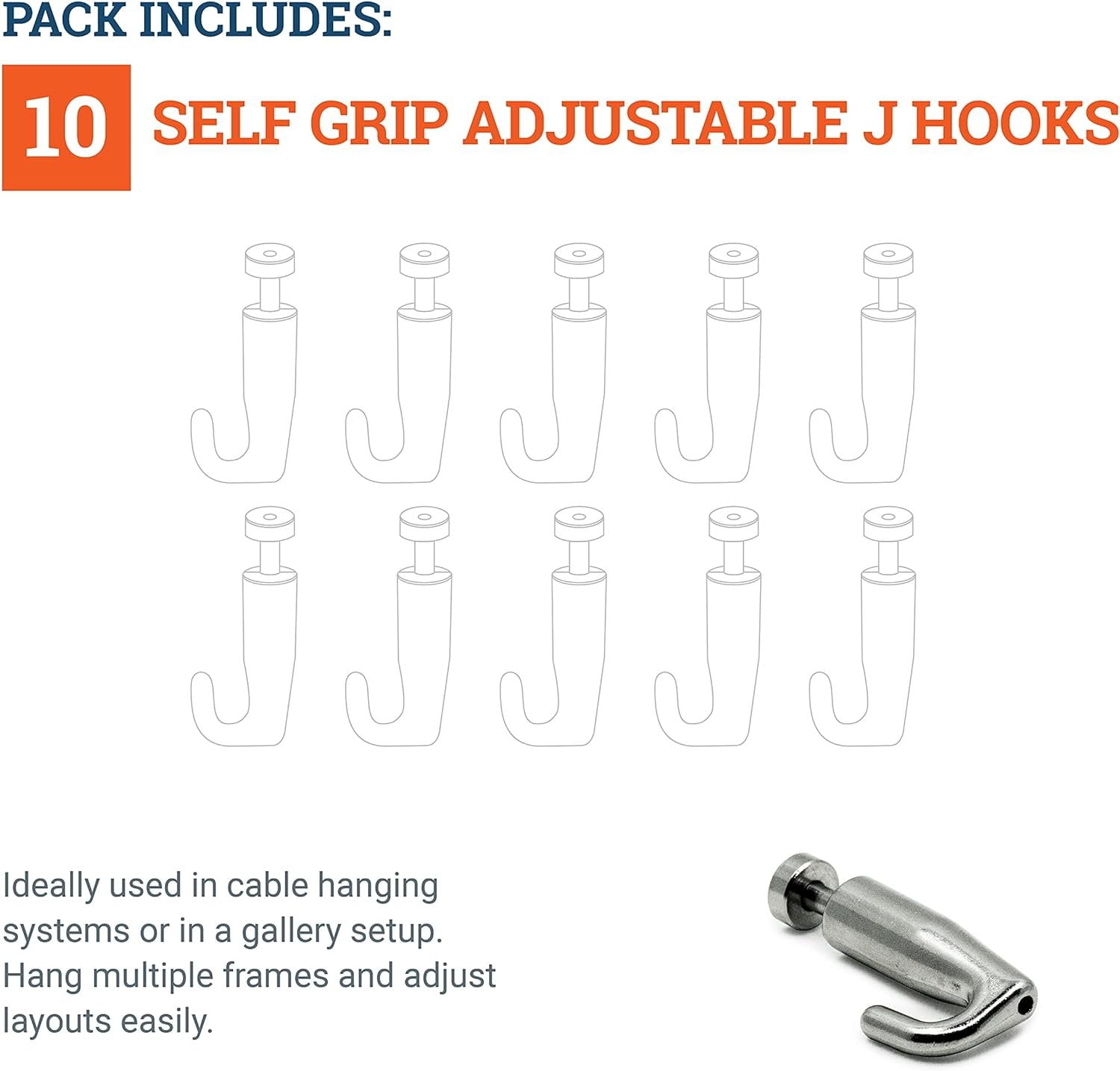 Picture Hang Solutions - Adjustable Art Hanger for Steel Wire Cables - Gallery Hanging System (10 pieces per pack)