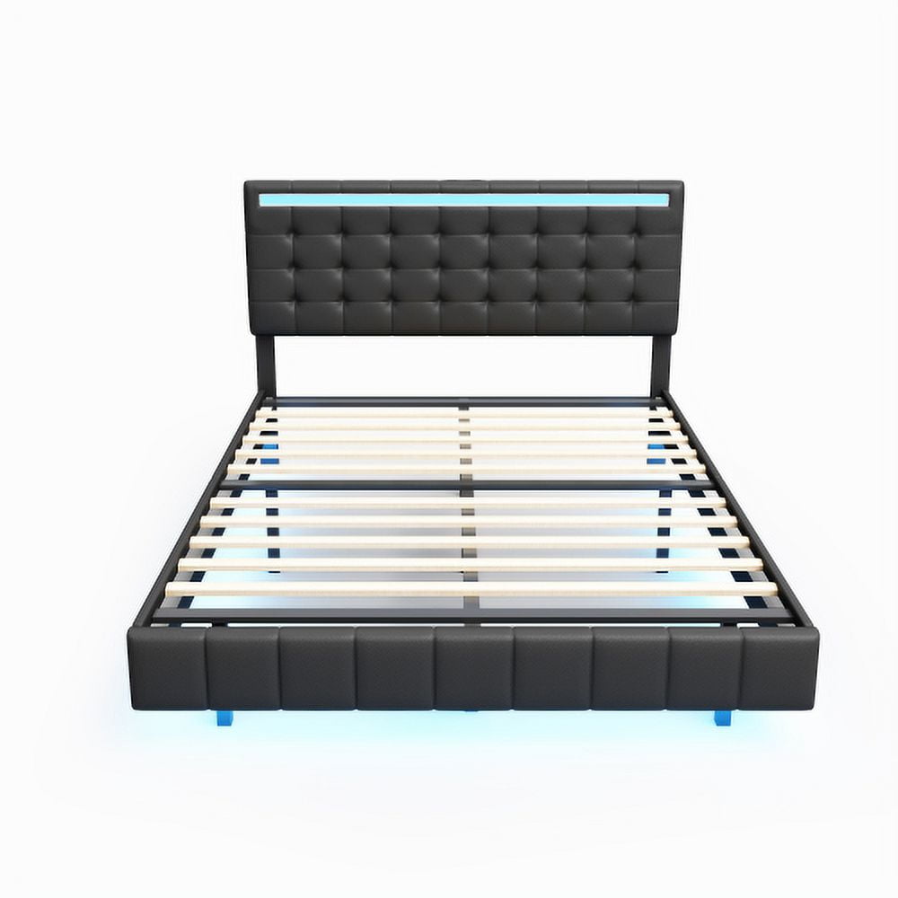 YLtoohoom Full Size Floating Bed Frame with LED Lights and USB Charging Modern Upholstered Platform LED Bed Frame Black(Full)