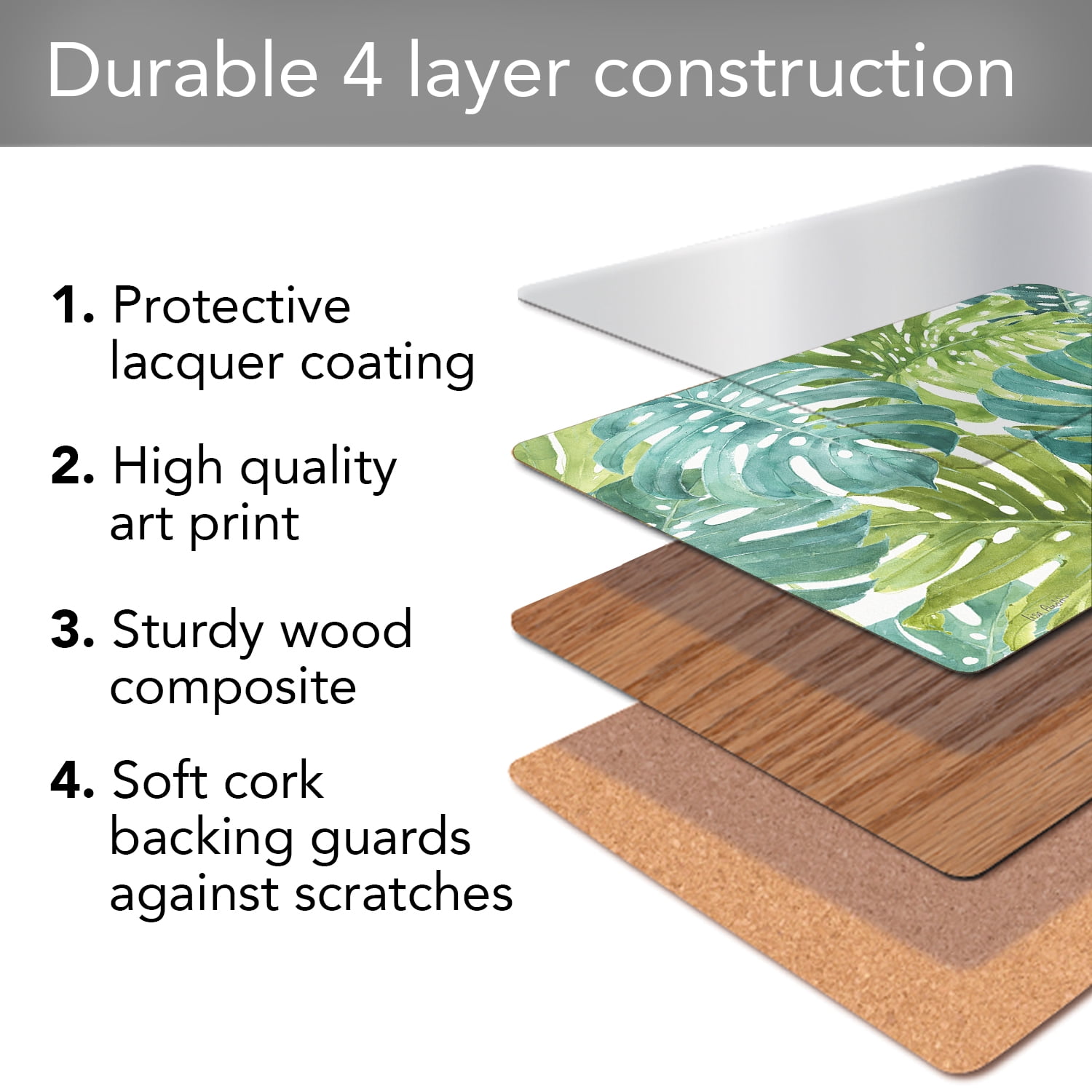 Cala Home "Tropical Green" Premium Decorative Hardboard Cork Back Tabletop Placemats 4 Pack
