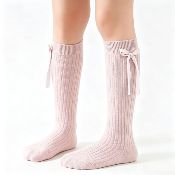 Huiway Toddler Girls Knee High Socks Solid Color Bowknot Ribbed Long Tube Socks Child Cute Dress Socks