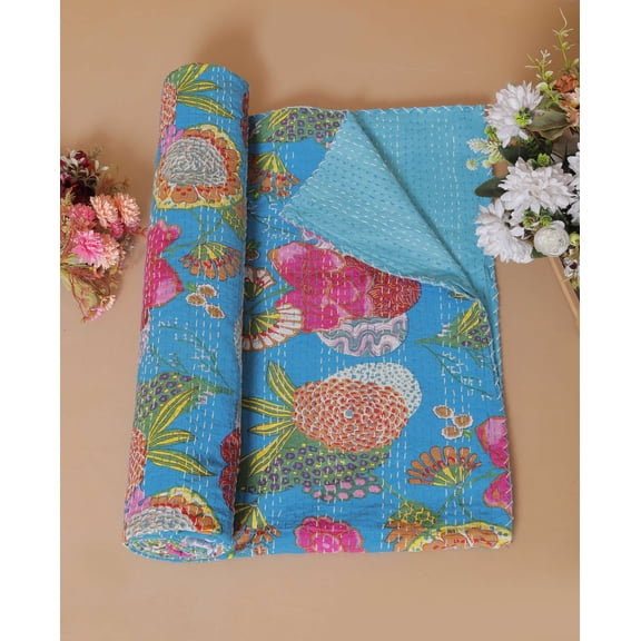 Indian Handmade Kantha Fruit Floral Print Bedding Bedspread Quilt Throw Pure Cotton Twin/Queen Size Blanket Bed Cover Gudri
