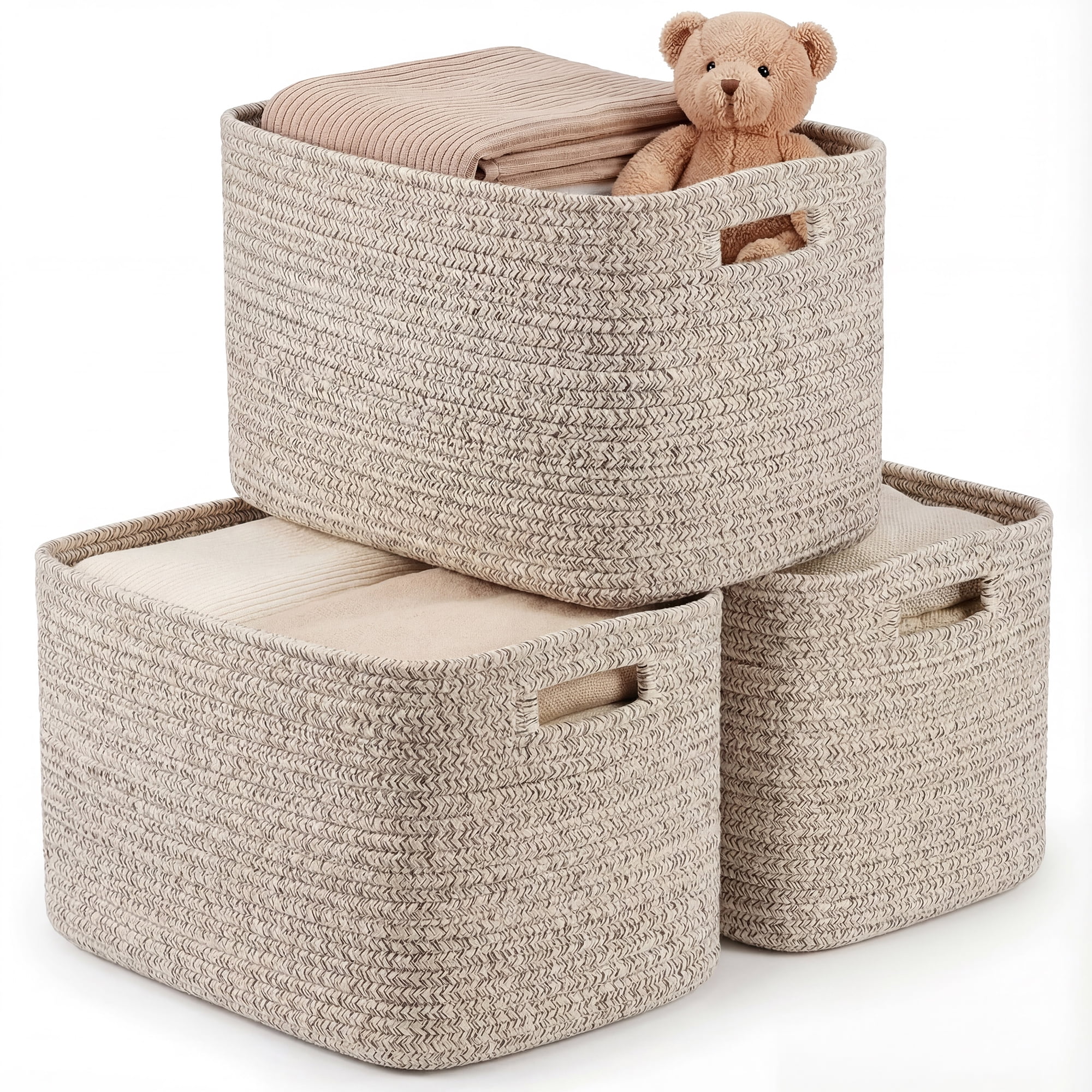 XUEYU 3 Pack Woven Baskets, 11"x11"x9" Cotton Rope Baskets, 18L Blanket Baskets for Storage, Cube Bin Square Shelves Organizer, Toy Basket or Storage Bins for Living Room, Baby Nursery(Oatmeal Brown)