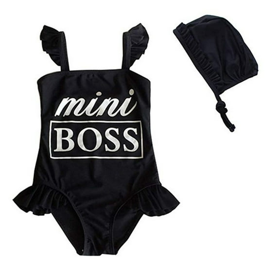 Styles I Love Toddler Kids Girl Cute and Fun One-Piece Swimsuit with Hat 2pcs Set Bathing Pool Beach Swimwear (Mini Boss Black, L/3-4 Years)