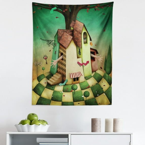 Mural Tapestry, Conceptual Illustration for Wonderland House with a Girl Trapped Inside, Fabric Wall Hanging Decor for Bedroom Living Room Dorm, 5 Sizes, Multicolor, by Ambesonne