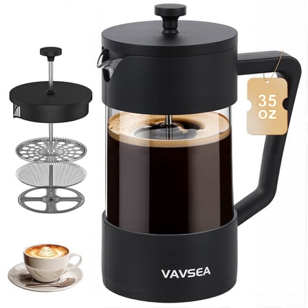 VAVSEA Thickened French Press Coffee Maker, 35oz Borosilicate Glass Coffee Press with Fine Filtration System, Heat Resistant, Dishwasher Safe, Black