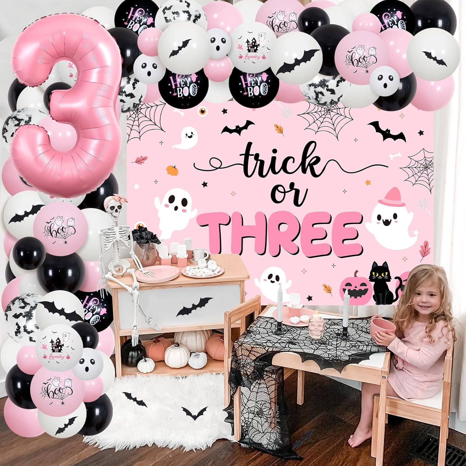 Halloween 3rd Birthday Decorations Trick Or Three Balloon Garland Arch Kit for Girls, Pink White Bat Wall Stickers Ghost Balloon Backdrop Halloween Third Birthday Party Decor Supplies