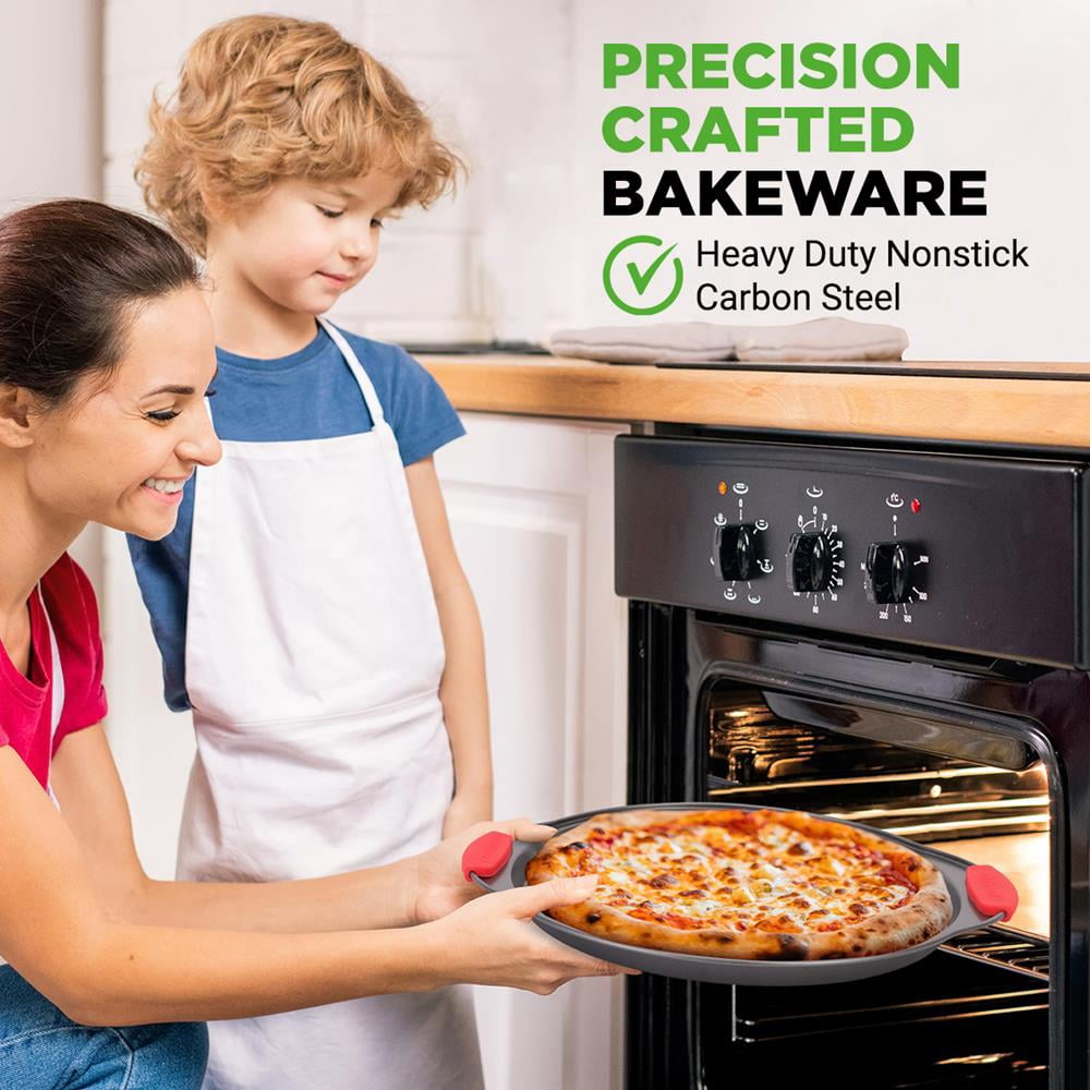 3 Piece Pizza Tray Set with Silicone Handle - Round Steel Non-stick Pan with Perforated Holes (Gray Coating)