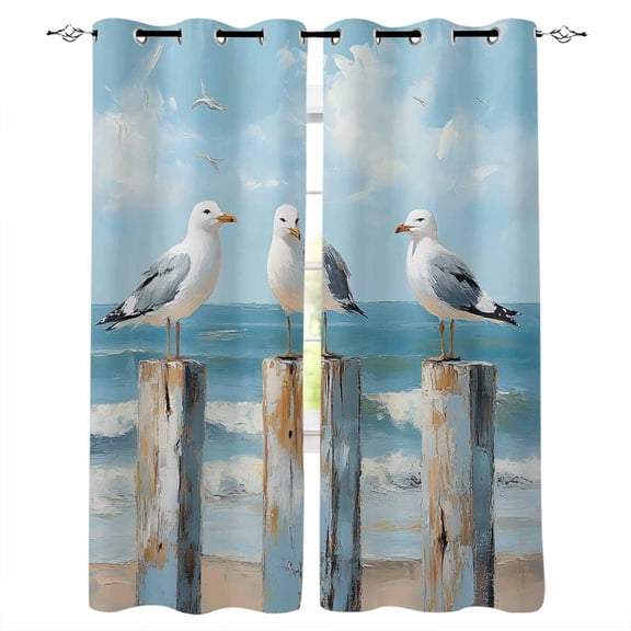 Beach Seagull Blackout Curtains for Bedroom/Living Room, Thermal Insulated Kitchen Curtains, Birds Rustic Wood Watercolor Painted Grommet Darkening Window Treatment Drapes 52"x84"x2