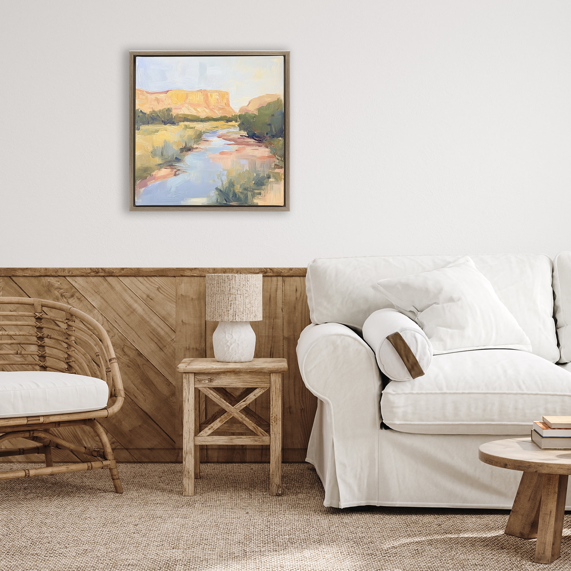 Stupell Industries Painted Plateau River Reflection Brown Framed Floater Canvas Wall Art, design by Petal Prints Design